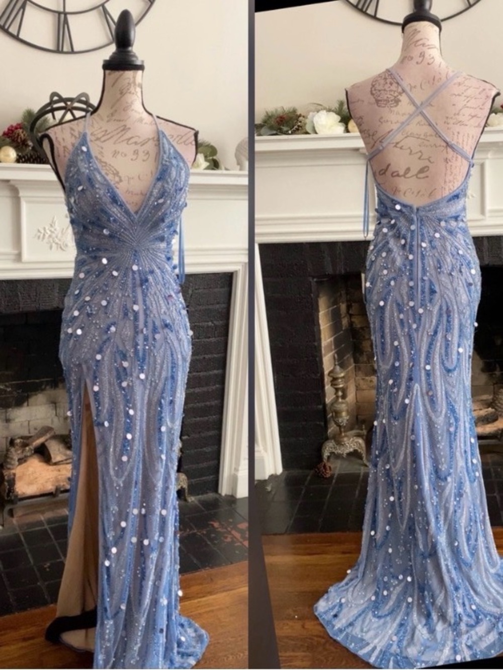 Sparkly open back hand beaded light blue prom dress, formal dress pageant gown
